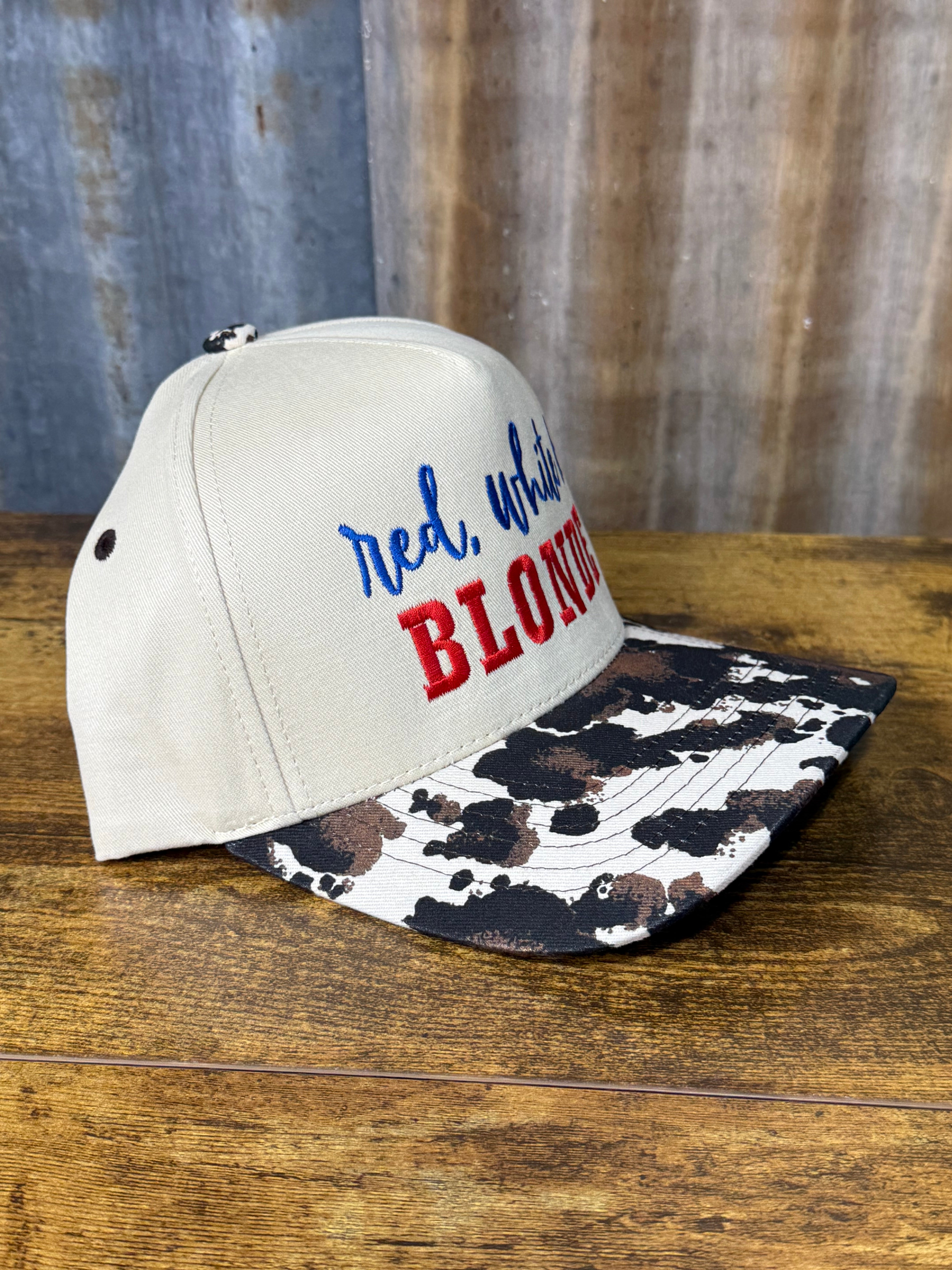 Red White & Blonde Embroidered Trucker Hat | Cow Print Cap mean mule apparel