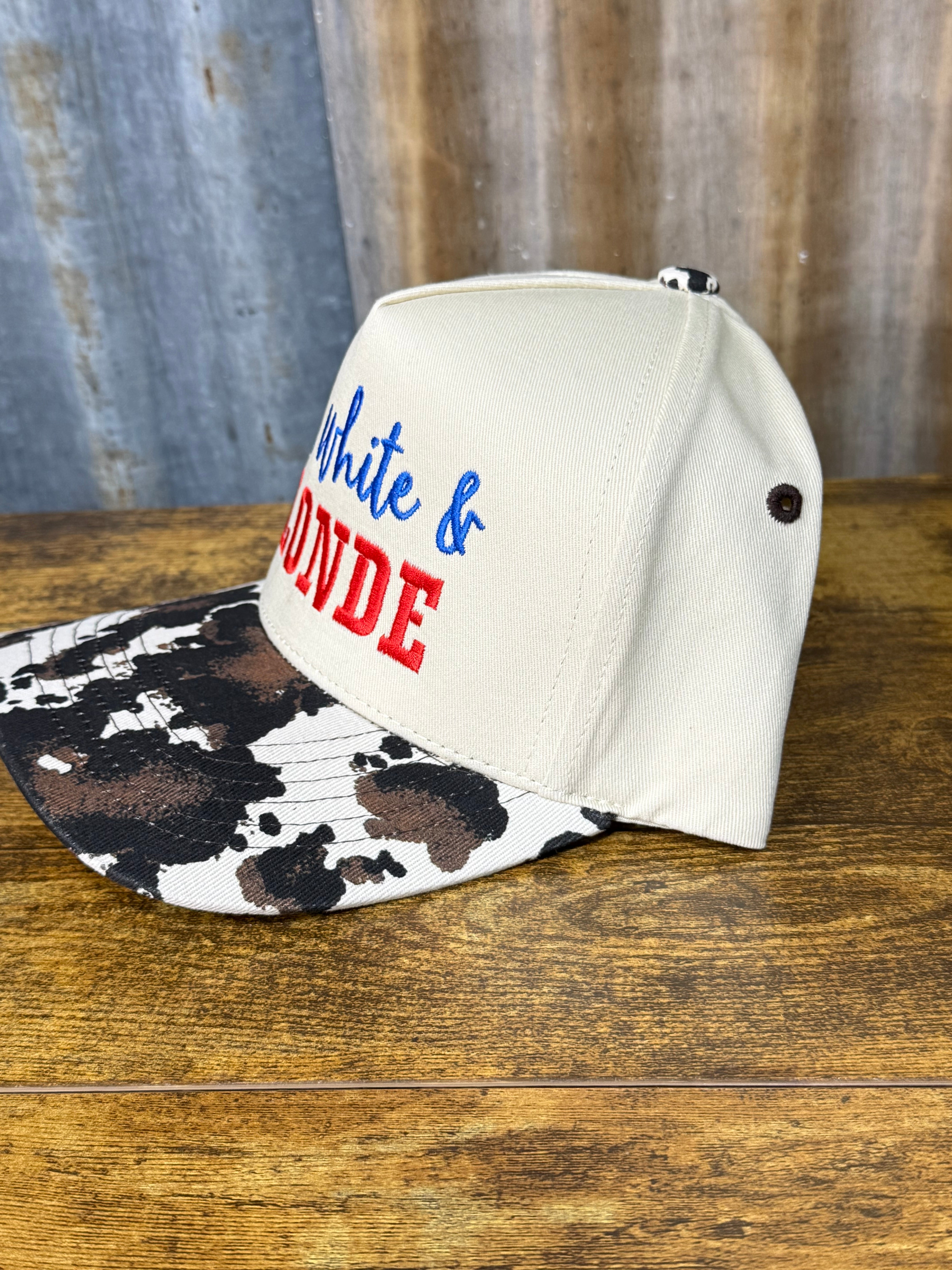 Red White & Blonde Embroidered Trucker Hat | Cow Print Cap mean mule apparel